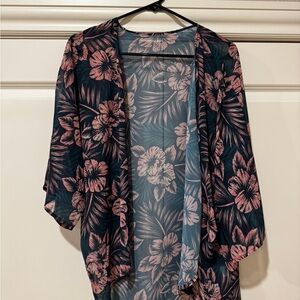 Sheer tropical hibiscus kimono cover up